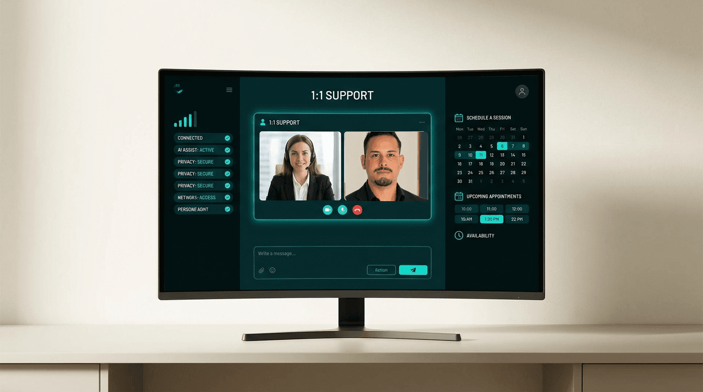 Dunkelgrüner Monitor mit privatem 1:1 Kontakt, Dave, Zeitplanung und Support-Interface.