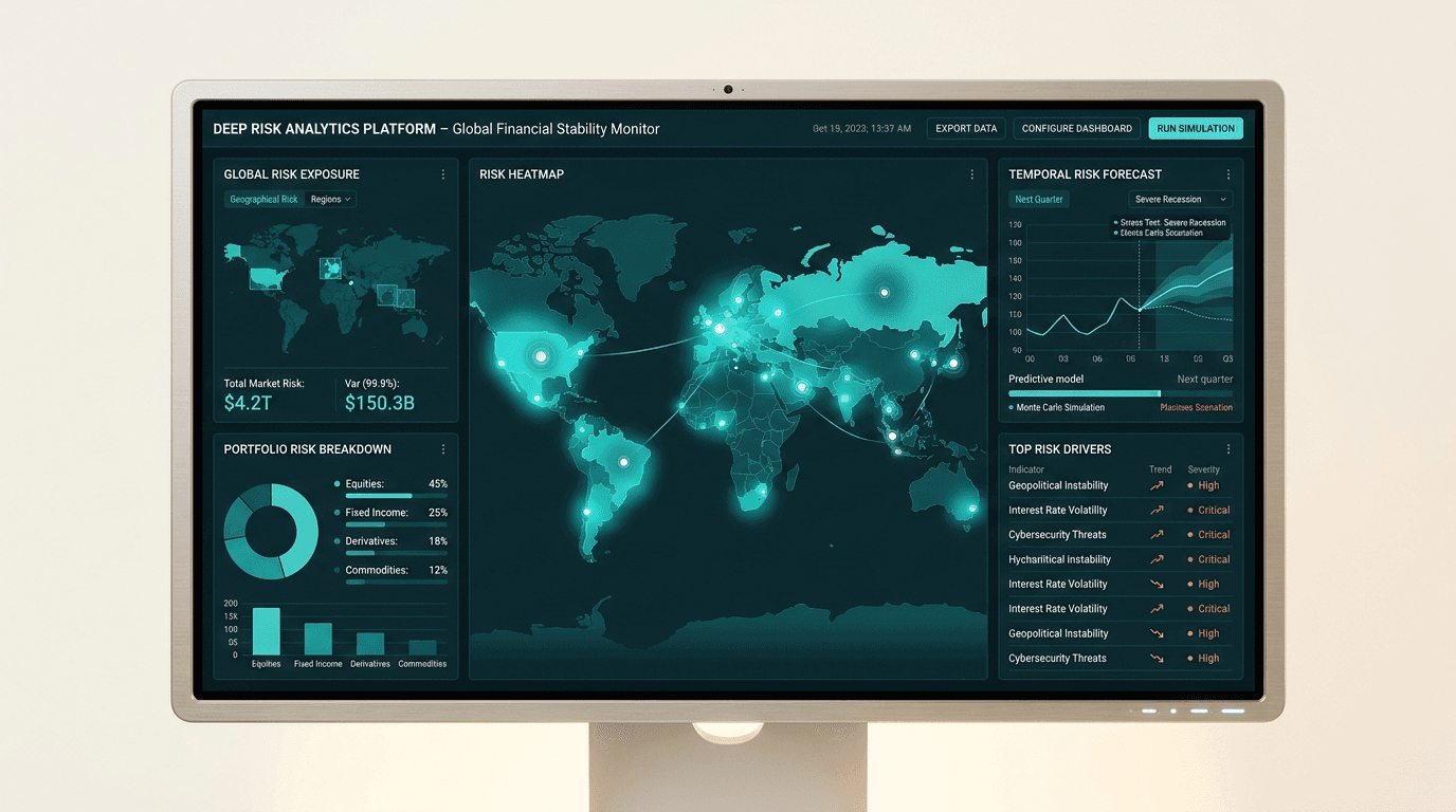 Technischer Monitor mit tiefer Risikoanalyse, Heatmap und Datenpunkten.