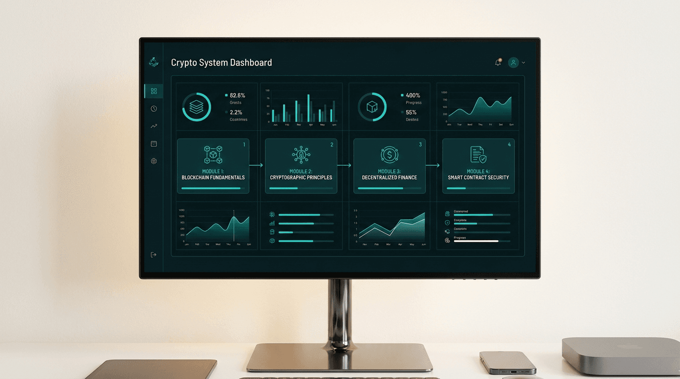 Dunkelgrüner Monitor mit strukturiertem Krypto Campus Kurs-Dashboard.